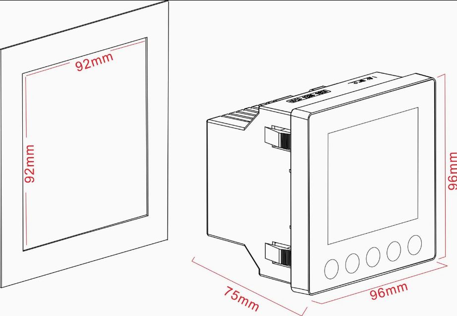 ช่องเจาะ 92 × 92 mm หน้ามิเตอร์ 96 × 96 mm และความลึก 75 mm